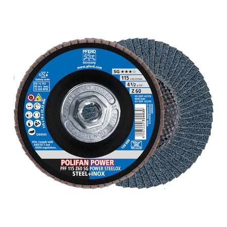 Pferd 4-1/2" x 5/8-11 Thd. POLIFAN Flap Disc - Z SG POWER STEELOX, Zirconia, 60 Grit, Flat 62278